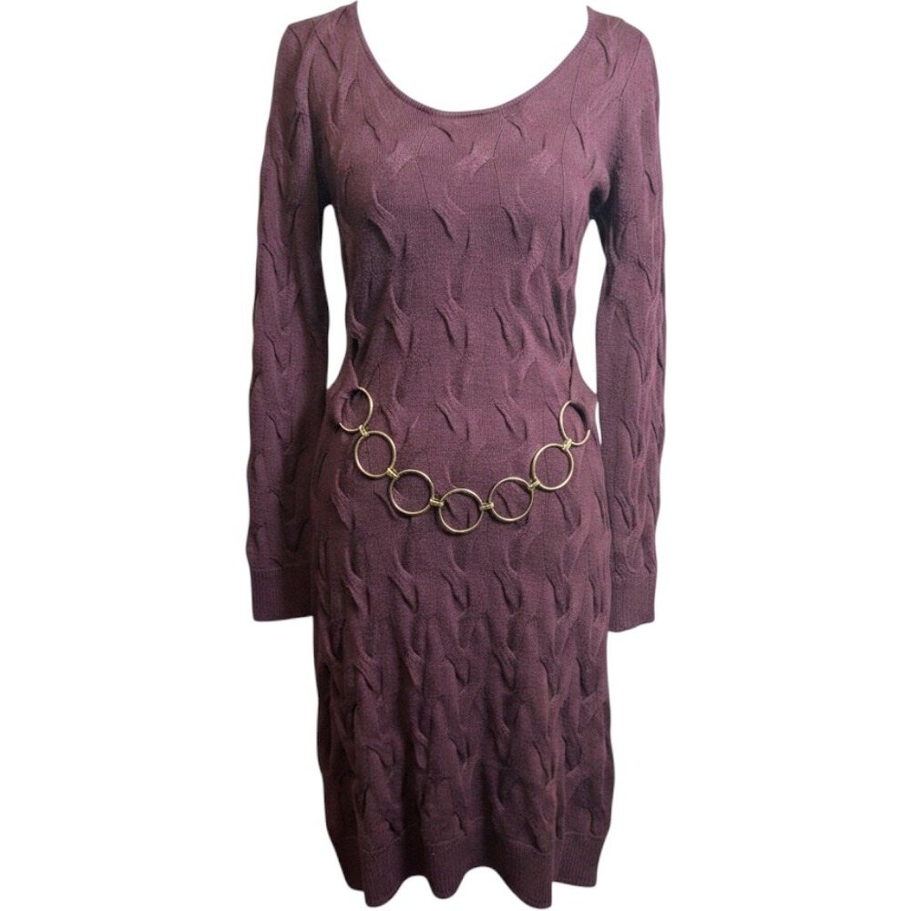 Milly Sweater Dress Womens S Purple Excellent Merino Wool Cable Knit Gold Chain